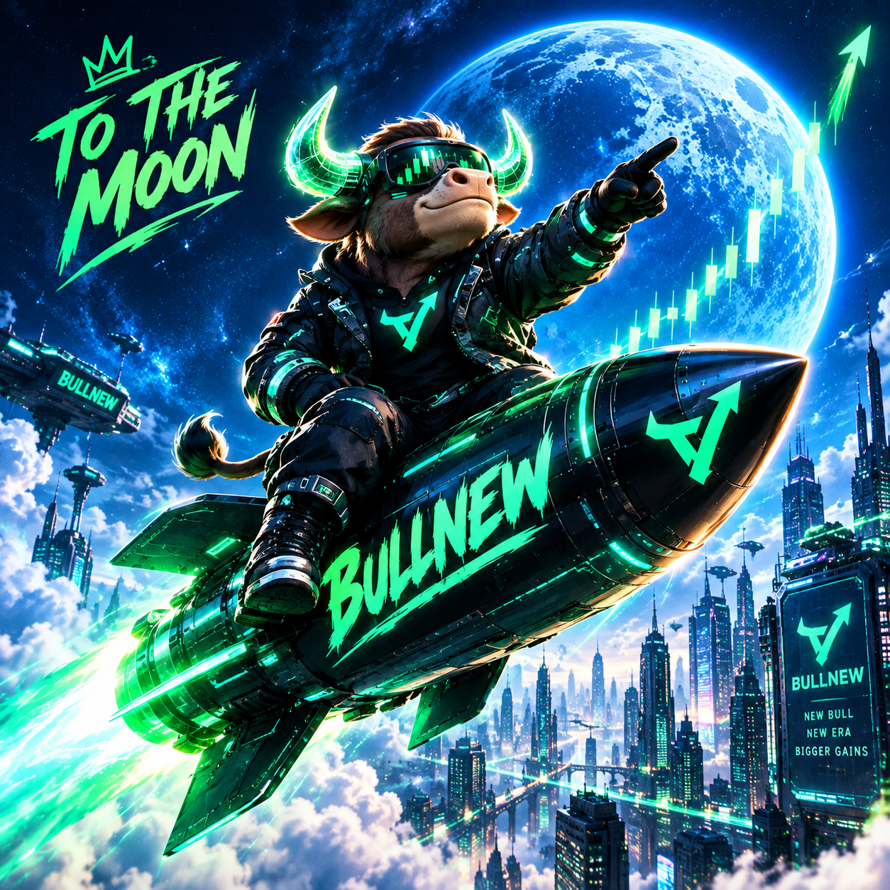 BULLNEW original space bull mascot surfing through the cosmos