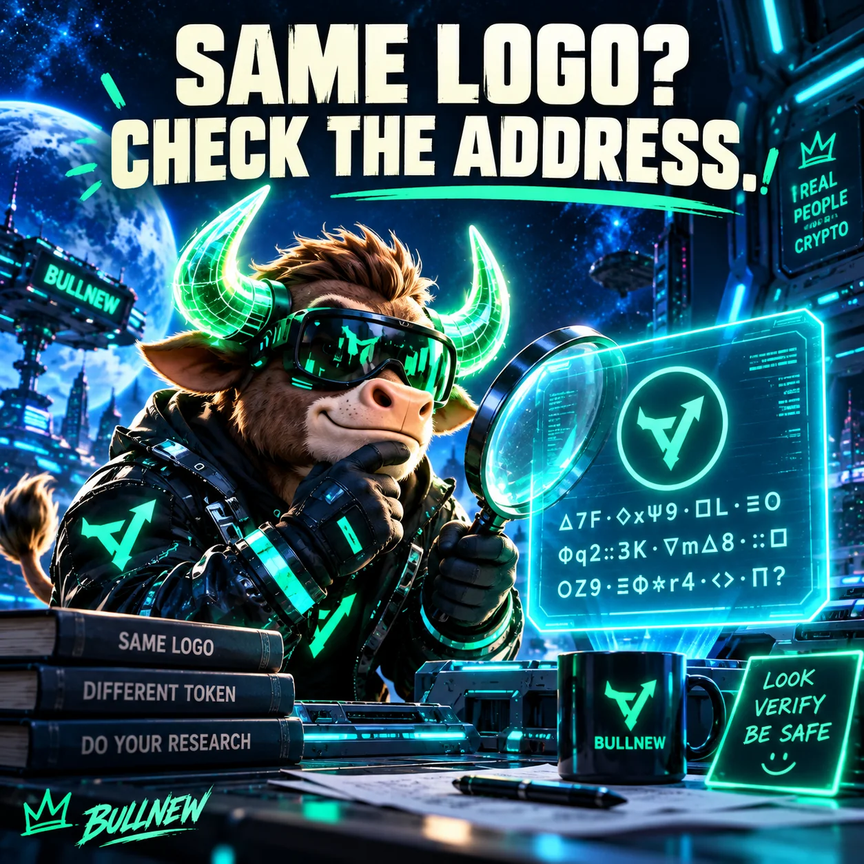BULLNEW bull checking an address with a magnifying glass